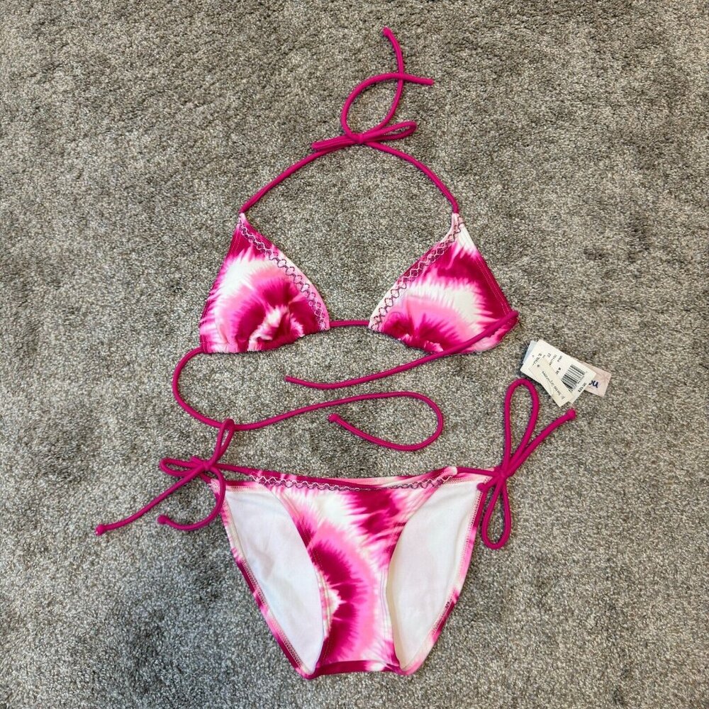 Y2K Vintage Bikini Swimsuit S Small M Medium Pink Tie-Dye Hi Cut Waist 2 Piece